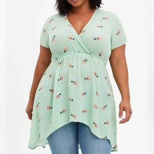 Torrid Surplice Babydoll Tunic Crinkle Gauze Floral Green